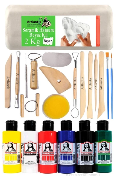 Beyaz Seramik Hamuru 2 Kg Seramik Başlangıç Seti Ebeşuar Modelleme Monalisa 6 Renk Akrilik Boya Fırça 70 ml Heykel