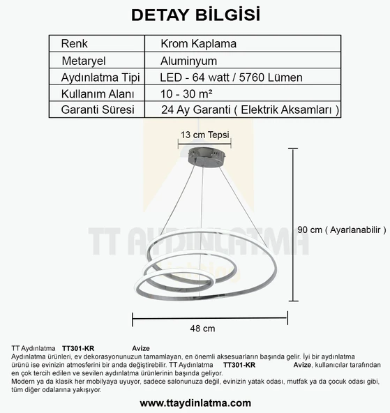 TT301-KR TT Aydınlatma Yay Modeli Krom Kaplama Led Avize - 4