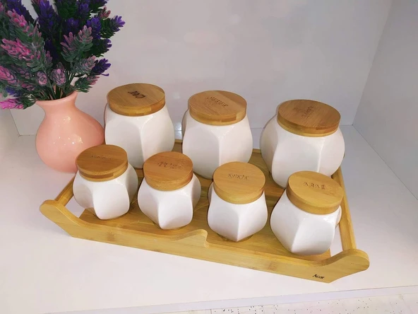 Acar 9168 7 Li Bambu Standlı Porselen Baharat Takımı - 5