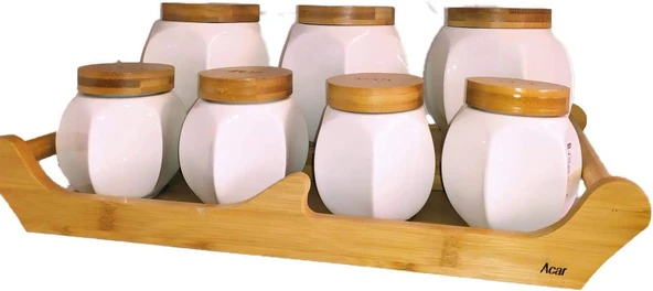 Acar 9168 7 Li Bambu Standlı Porselen Baharat Takımı - 2