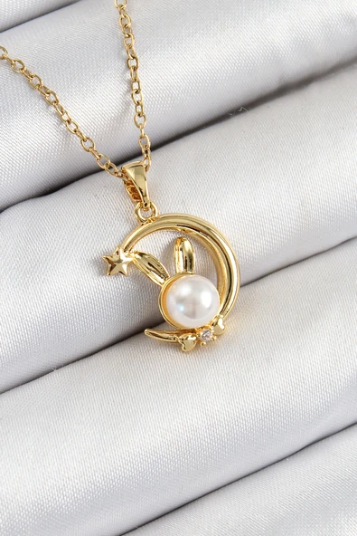 İnci Detaylı Hilal Tavşan Model Gold Renk Kadın Kolye - EBJ250711W36514 ürün görseli