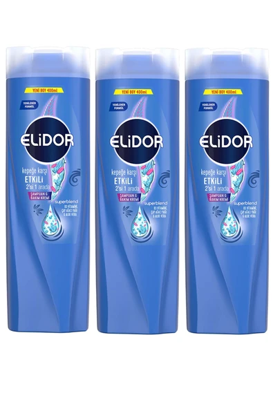 Elidor Superblend Şampuan ve Bakım Kremi Kepeğe Karşı Etkili 2'si 1 Arada B3 Vitamini Çay Ağacı Yağı Aloe Vera 400 ml x3