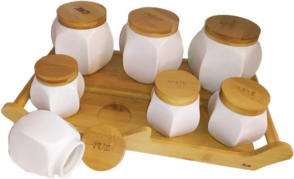 Acar 9168 7 Li Bambu Standlı Porselen Baharat Takımı - 3