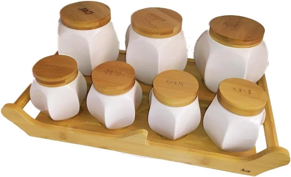 Acar 9168 7 Li Bambu Standlı Porselen Baharat Takımı - 4