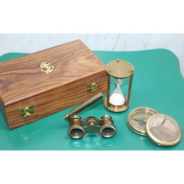 Ahşap Kutulu Pirinç Pusula,kumsaati,dürbün Seti 15682 ürün görseli 1