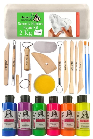 Beyaz Seramik Hamuru 2 Kg Seramik Başlangıç Seti Ebeşuar Modelleme Monalisa 6 Renk Neon Akrilik Boya Fırça 70ml Heykel