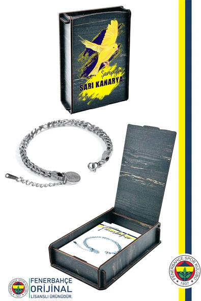 Fenerbahçe Orijinal Lisanslı Çelik İnce Bileklik Kanarya Baskılı Hediyelik Ahşap Kutulu
