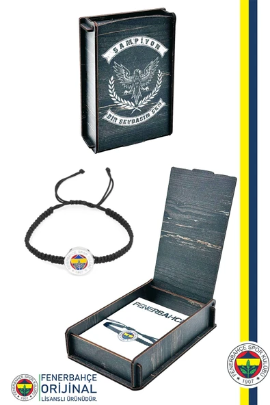 Fenerbahçe Orijinal Lisanslı Fb Logo Makrome Siyah Bileklik Hediyelik Ahşap Kutulu
