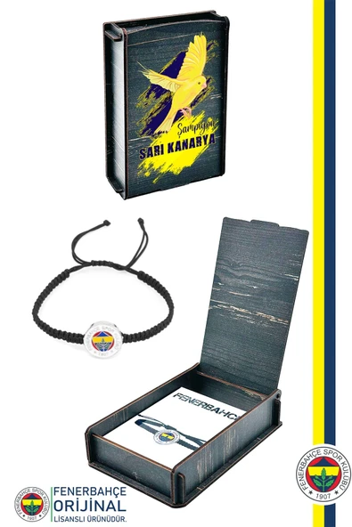 Fenerbahçe Orijinal Lisanslı Fb Logo Makrome Siyah Bileklik Kanarya Baskılı Hediyelik Ahşap Kutulu