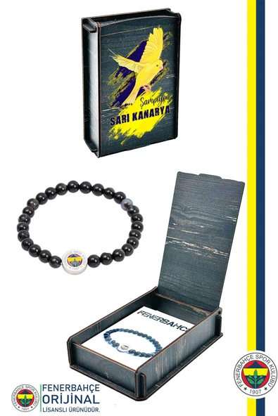 Fenerbahçe Orijinal Lisanslı Fb Akik (6mm) Doğaltaş Bileklik Kanarya Baskılı Hediyelik Ahşap Kutulu