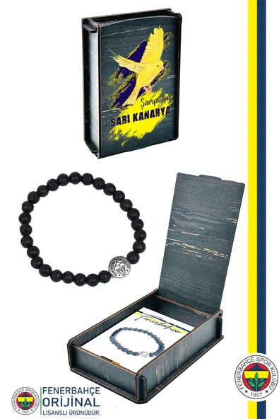 Fenerbahçe Orijinal Lisanslı Fb Logo Lav Taşı Doğaltaş Bileklik Kanarya Baskılı Hediye Ahşap Kutulu