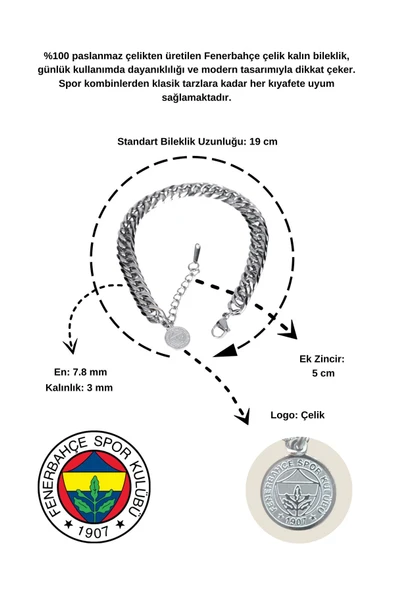 Fenerbahçe Orijinal Lisanslı FB Çelik Kalın Bileklik - Resim 5