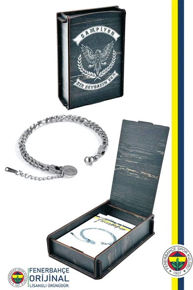 Fenerbahçe Orijinal Lisanslı FB Çelik Kalın Bileklik Hediyelik Ahşap Kutulu ürün görseli