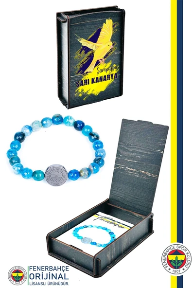 Fenerbahçe Orijinal FB Mavi Akik Fasetli Doğaltaş Bileklik Kanarya Baskılı Hediyelik Ahşap Kutulu ürün görseli
