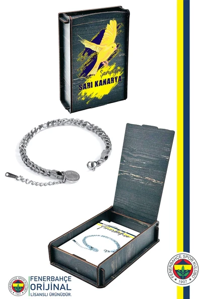 Fenerbahçe Orijinal Lisanslı FB Çelik Kalın Bileklik Kanarya Baskılı Hediyelik Ahşap Kutulu
