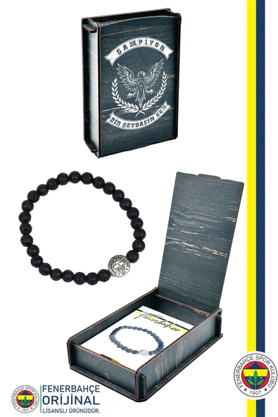 Fenerbahçe Orijinal Lisanslı Fb Logo Lav Taşı Doğaltaş Bileklik Hediyelik Ahşap Kutulu