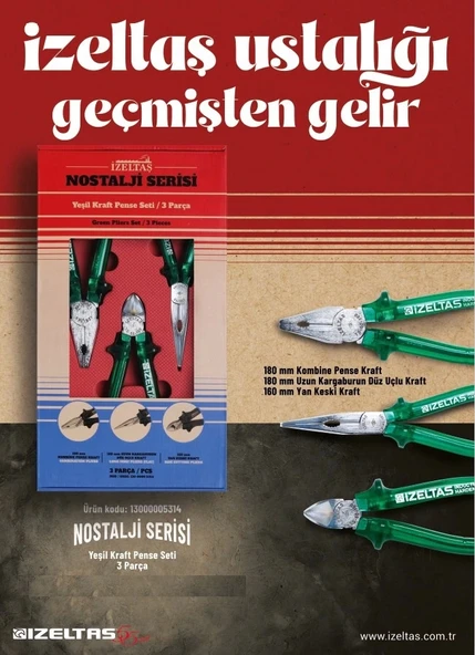 İzeltaş 13000005134 Nostalji Serisi Kraft Pense Seti 3 Parça ürün görseli