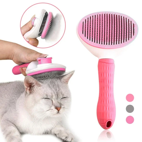 Kedi Tarağı - Otomatik Temizlenen Tuşlu - Pembe (8601) - 2