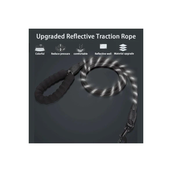 Köpekler İçin Gezdirme Tasması Reflektörlü 130 Cm Halat Orta Ve Büyük Boy Köpekler İçin Siyah - Resim 3