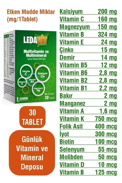 LEDAPHARMA LEDAPHARMA Multivitamin Mineral 30 Tablet (KALSİYUM MAGNEZYUM ÇİNKO DEMİR VB.) ürün görseli 1