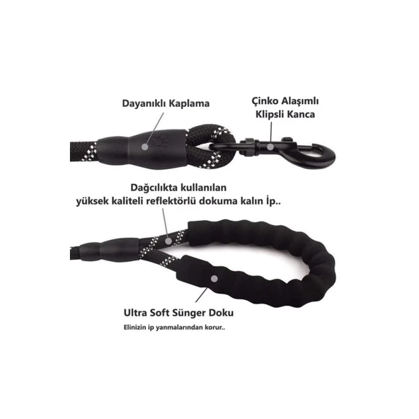 Köpekler İçin Gezdirme Tasması Reflektörlü 130 Cm Halat Orta Ve Büyük Boy Köpekler İçin Siyah - Resim 4
