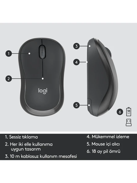 Logitech MK295 Sessiz Kablosuz Türkçe Klavye Mouse Seti - Siyah - 6