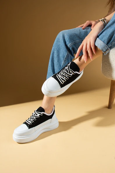 Pembe Potin Kalın Taban Renkli Bağcıklı Hafif Taban Kadın Sneakers 89-049-25Byaz - 3