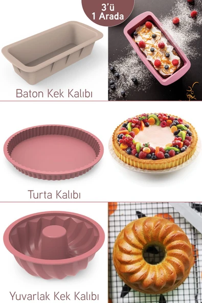 İronika 3 Lü Silikon Kek Kalıbı Seti Oval Yuvarlak Baton Kek Kalıbı Turta Kalıbı Set - 1