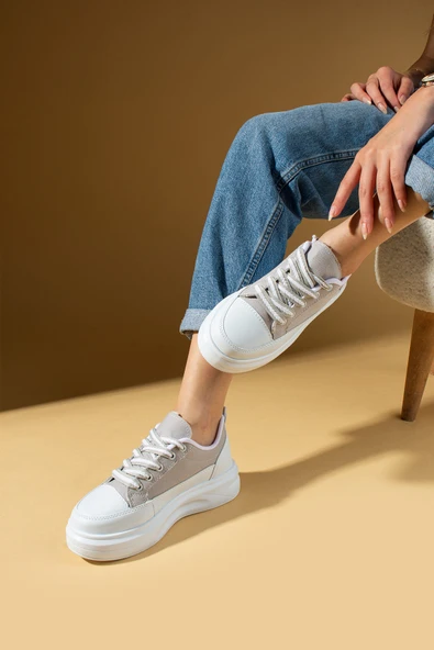 Pembe Potin Kalın Taban Renkli Bağcıklı Hafif Taban Kadın Sneakers 89-049-25Byaz - 4