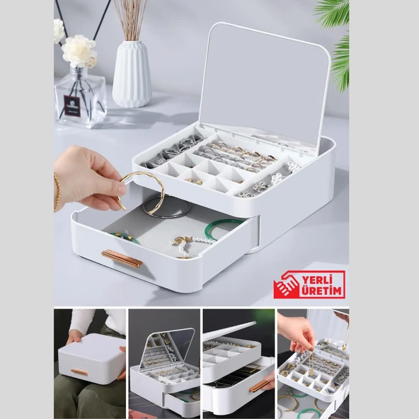 Mucit Home  Çekmeceli Aynalı Çok Bölmeli Makyaj Takı Organizer Krem