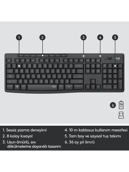 Logitech MK295 Sessiz Kablosuz Türkçe Klavye Mouse Seti - Siyah - 3