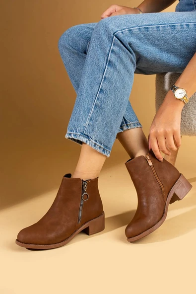 Pembe Potin Rahat Kalıp Bilek Boy Fermuarlı Kadın Bot 57-03-23Süet - Resim 12