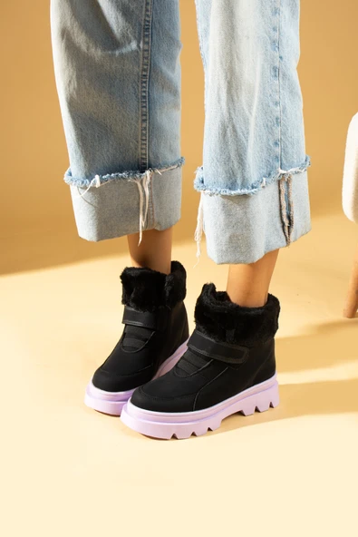 Pembe Potin Kaymaz Kalın Taban İçi Kürklü Cırtlı Çocuk Bot 011-09-23 - 5