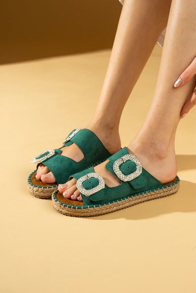 Pembe Potin Hasır Taban Taşlı Çift Tokalı Comfort Taban Kadın Terlik 001-2301-24Süet - Resim 5