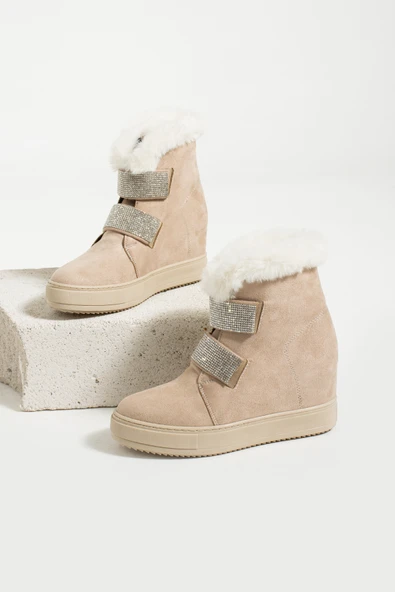 Pembe Potin İçi Kürklü Rahat Taban Taşlı Gizli Topuklu Kadın Bot&Bootie 43-415-23Süet - Resim 10