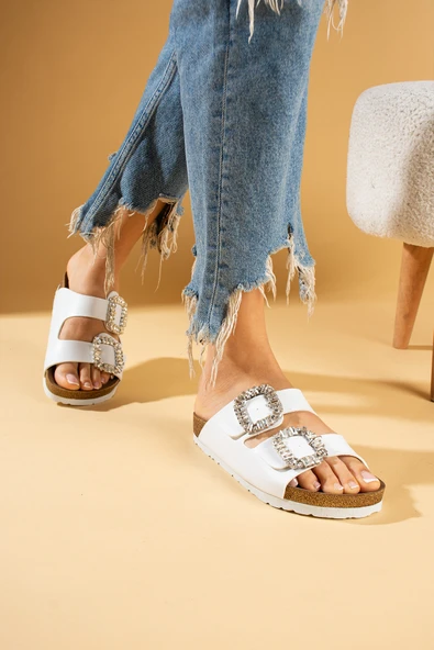 Pembe Potin Taş Tokalı Mantar Taban Comfort Kadın Terlik 011-108-24 - Resim 7