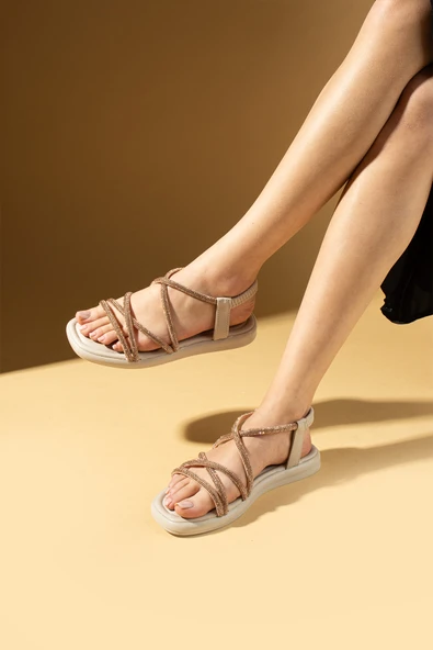 Pembe Potin Taş İşlemeli İnce Bantlı Arkası Lastikli Kadın Sandalet 57-272-24Taşlı - Resim 7