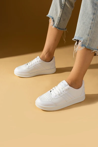 Pembe Potin Şerit Detaylı Bağcıklı Rahat Taban Kadın Sneakers 001-1004-24