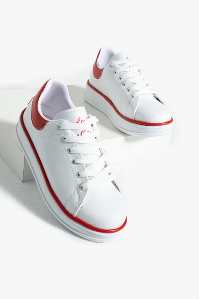 Pembe Potin Rahat Taban Renk Şeritli Bağcıklı Kadın Sneaker 001-340-24BKırmızı - 4