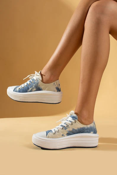 Pembe Potin Bağcıklı Kalın Taban Keten Kadın Sneaker 57-101-23 - 12