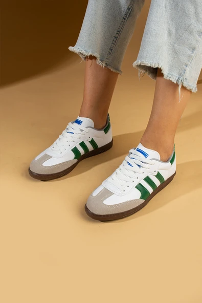 Pembe Potin Bağcıklı Comfort Taban 3 Şeritli Kadın Sneaker 001-1009-24BeyazYeşil - 2