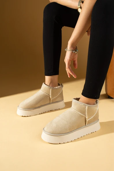 Pembe Potin İçi Yünlü Bilekte Rahat Kalıp Kalın Taban Mini Kadın Bot 007-1999-23Nubuk - Resim 2