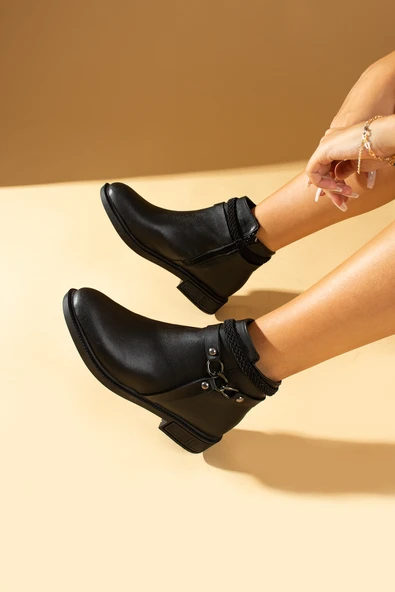 Pembe Potin Fermuarlı Zincirli Rahat Taban Kadın Bot 57-0100-23Cilt - Resim 5