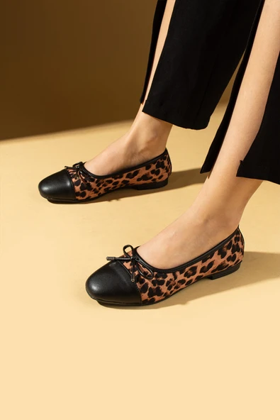 Pembe Potin Fiyonk Detaylı Rahat Kalıp Leopar Desenli Kadın Babet 57-38-25Leopar - 2