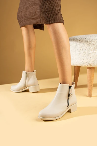 Pembe Potin Rahat Kalıp Bilek Boy Fermuarlı Kadın Bot 57-03-23Cilt - Resim 3