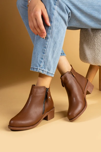 Pembe Potin Rahat Kalıp Bilek Boy Fermuarlı Kadın Bot 57-03-23Cilt - Resim 5