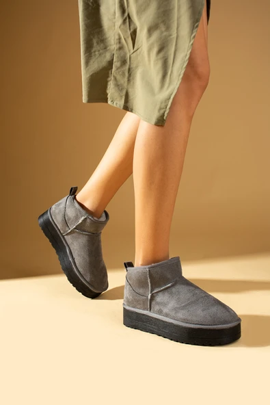 Pembe Potin İçi Yünlü Bilekte Rahat Kalıp Kalın Taban Mini Kadın Bot 007-1999-23Nubuk - Resim 10