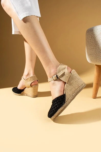 Pembe Potin Örgü Desenli Dolgu Topuklu Tokalı Kadın Sandalet 69-6969-25 - Resim 8