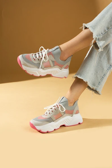 Pembe Potin Triko Desenli Bağcıklı Kalın Taban Tarz Kadın Sneaker 59-3456-24 - 8