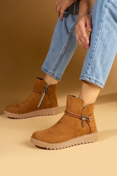 Pembe Potin Toka Detaylı Kauçuk Taban Fermuarlı Kadın Bot & Bootie 59-2003-23Süet - Resim 3